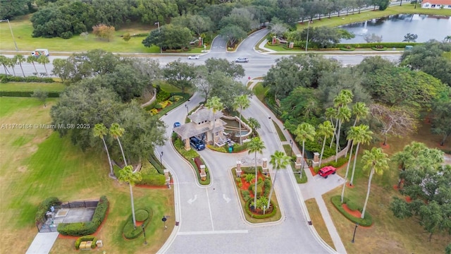 bird's eye view with a water view