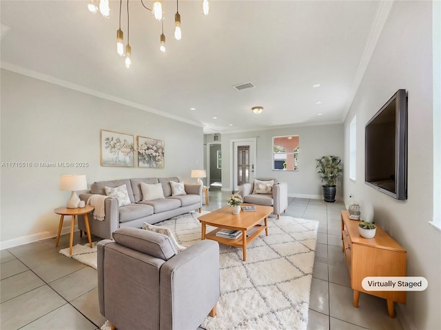 living room with crown molding and light tile patterned flooring