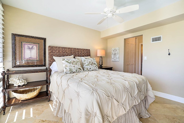 bedroom featuring ceiling fan and a closet