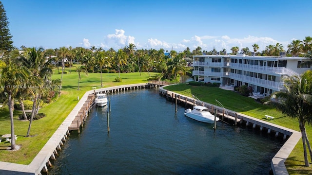 view of water feature with a dock