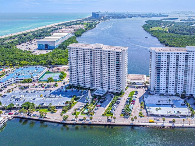 bird's eye view with a water view