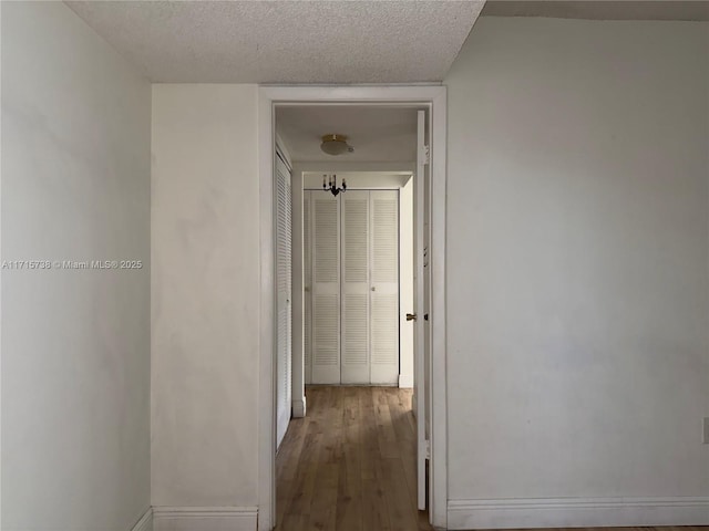 hall featuring wood finished floors and a textured ceiling