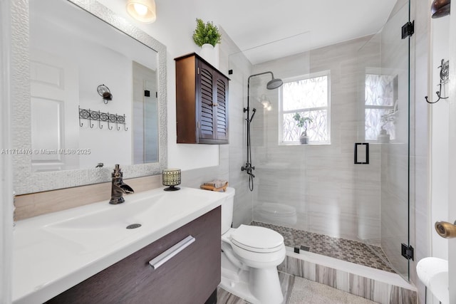 bathroom with vanity, toilet, and a shower with shower door