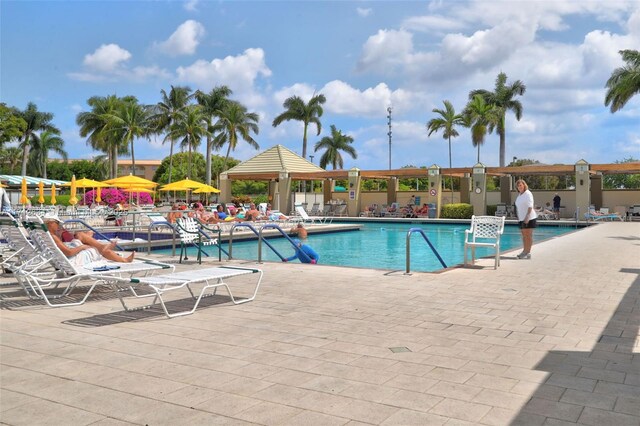 view of swimming pool featuring a patio area