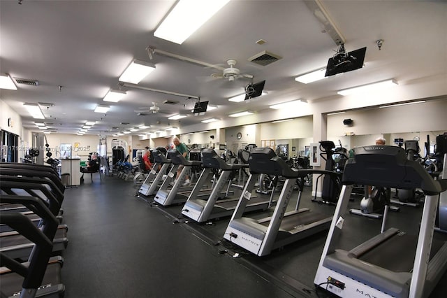 workout area with ceiling fan