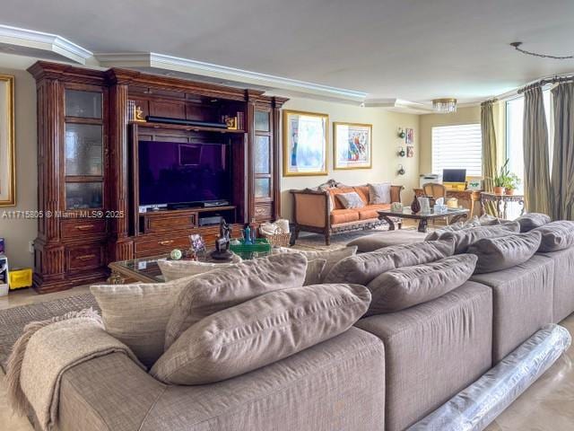 living room with crown molding