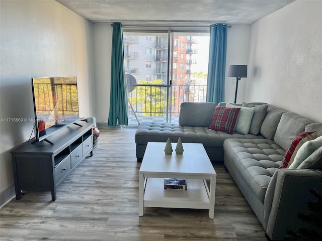 living room featuring hardwood / wood-style flooring, floor to ceiling windows, and a textured ceiling