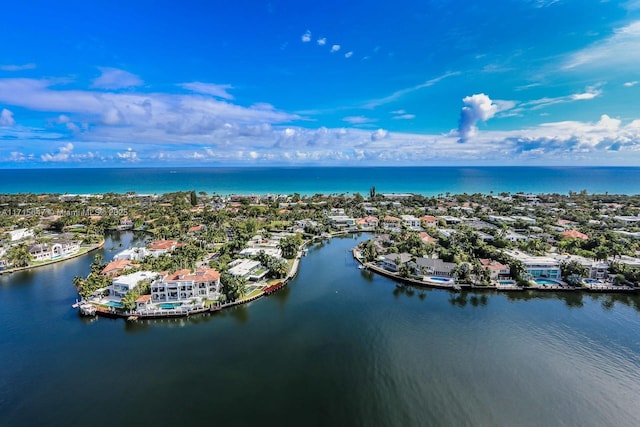 drone / aerial view featuring a water view