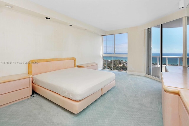 bedroom with access to exterior, a water view, multiple windows, and light colored carpet