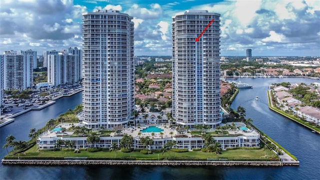 drone / aerial view featuring a water view