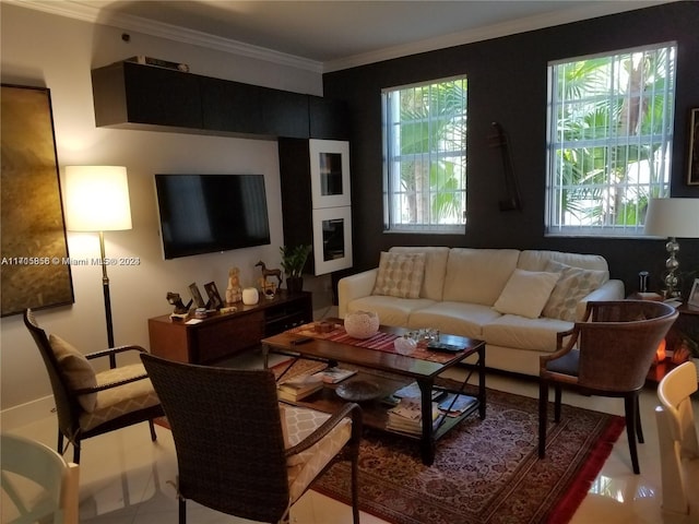 living room with a healthy amount of sunlight and crown molding