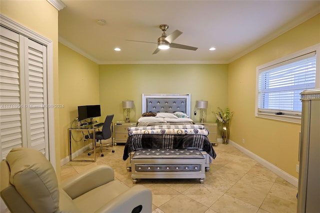 bedroom featuring ceiling fan, ornamental molding, and light tile patterned floors