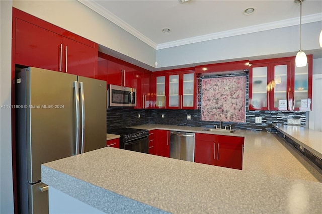 kitchen featuring decorative backsplash, appliances with stainless steel finishes, crown molding, sink, and hanging light fixtures