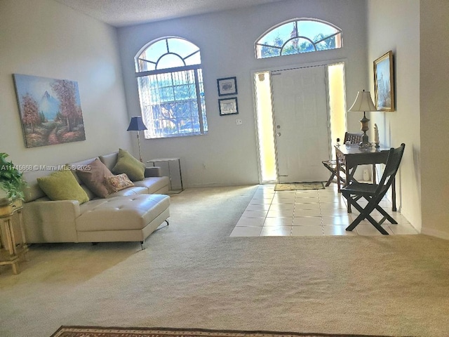 carpeted foyer featuring a textured ceiling