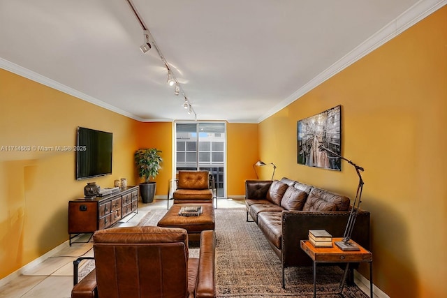 living area with ornamental molding, light tile patterned flooring, rail lighting, and baseboards