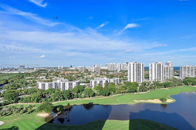 drone / aerial view with a water view