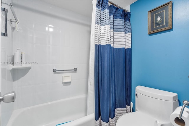 bathroom featuring shower / bathtub combination with curtain and toilet