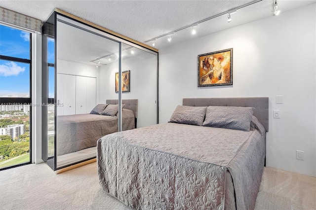 bedroom featuring a textured ceiling and light carpet