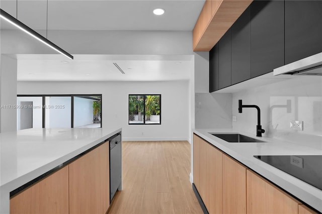 kitchen with backsplash, black electric stovetop, sink, light hardwood / wood-style flooring, and stainless steel dishwasher