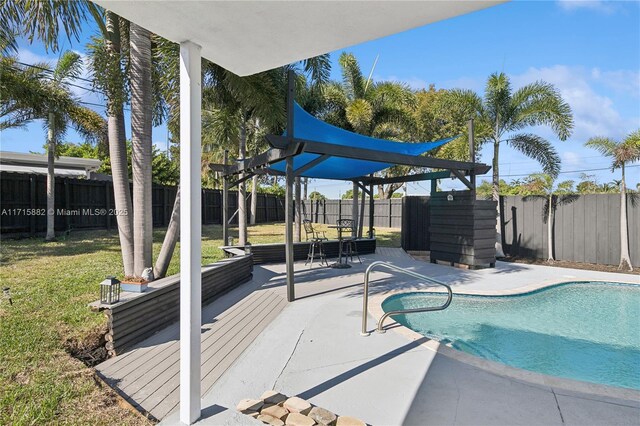 view of swimming pool with a lawn and a patio