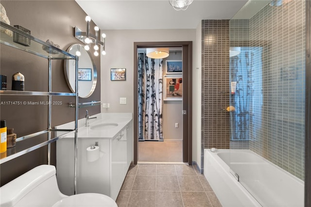 full bathroom featuring tile patterned flooring, shower / bath combination with curtain, toilet, and vanity