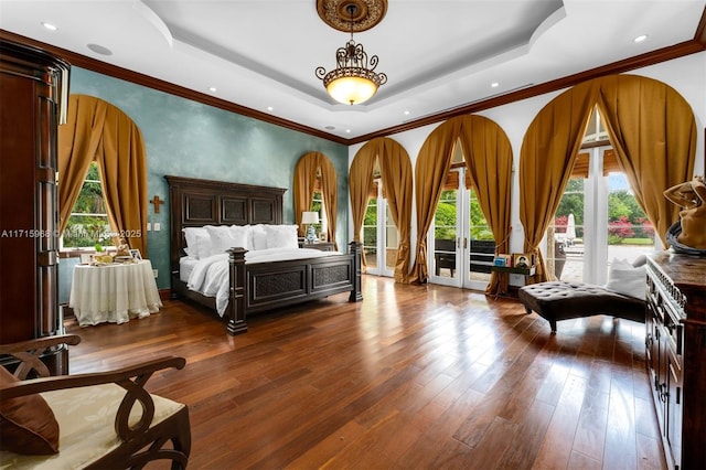 bedroom with a raised ceiling, access to outside, dark hardwood / wood-style flooring, and multiple windows