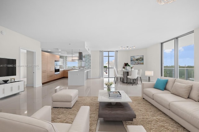 tiled living room with expansive windows