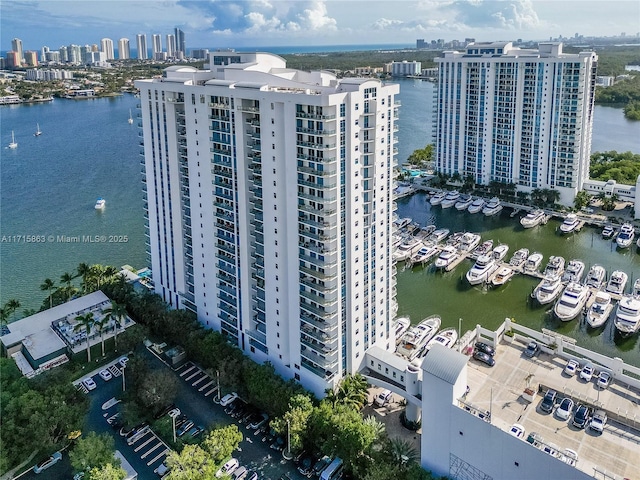 aerial view featuring a water view