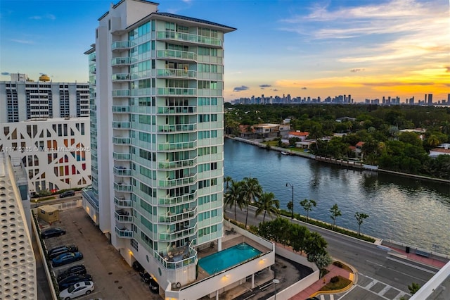 outdoor building at dusk with a water view