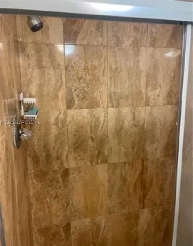 interior details featuring a tile shower