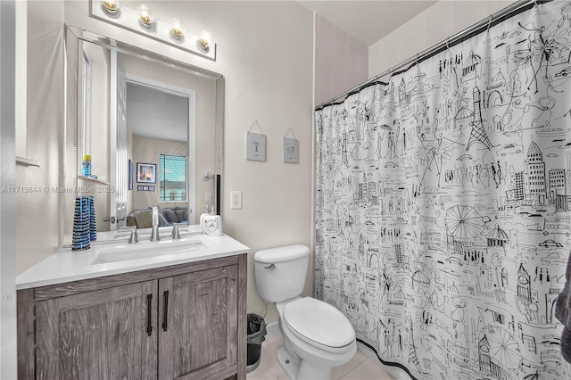 full bathroom featuring connected bathroom, vanity, toilet, tile patterned flooring, and a shower with shower curtain