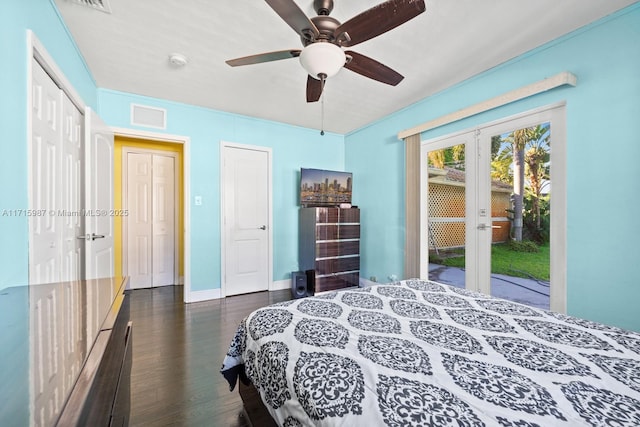 bedroom with french doors, dark hardwood / wood-style flooring, access to outside, and ceiling fan