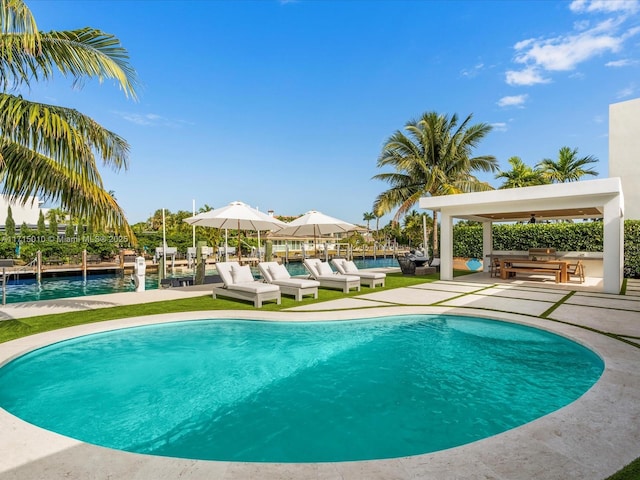 view of pool with a patio area and a water view