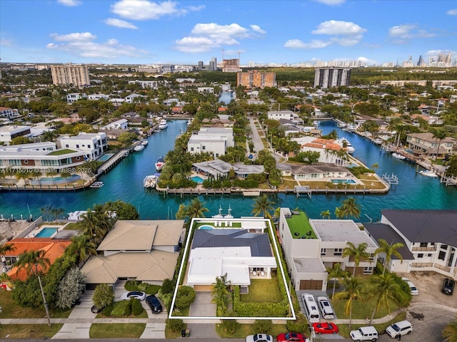 bird's eye view with a water view