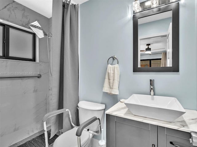 bathroom featuring a shower, vanity, and toilet