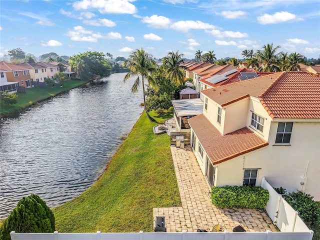 aerial view featuring a water view