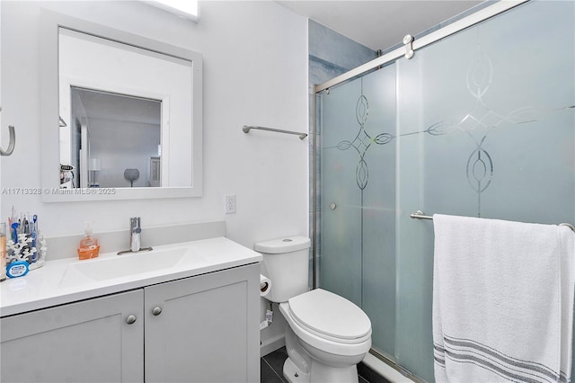 full bath with a shower stall, toilet, and vanity