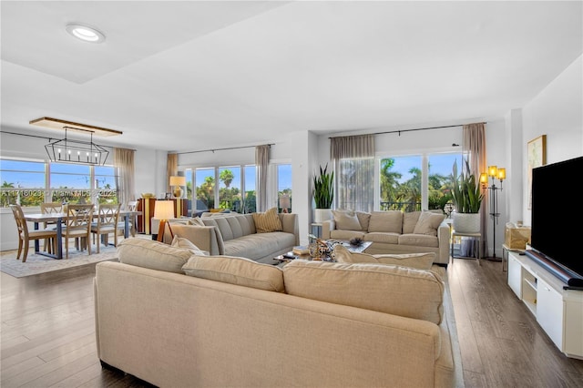 2500 E Las Olas Blvd Unit 408, Fort Lauderdale, FL 33301 - living room featuring dark hardwood / wood-style floors, an inviting chandelier, and a wealth of natural light
