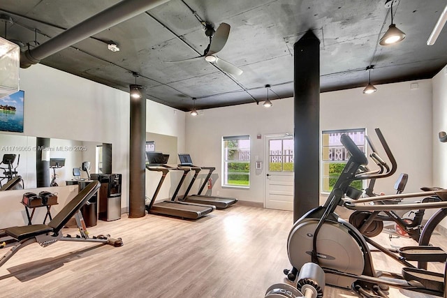 exercise room featuring light hardwood / wood-style flooring and a towering ceiling