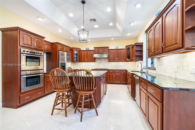 kitchen with a center island, sink, stainless steel appliances, a raised ceiling, and a kitchen breakfast bar