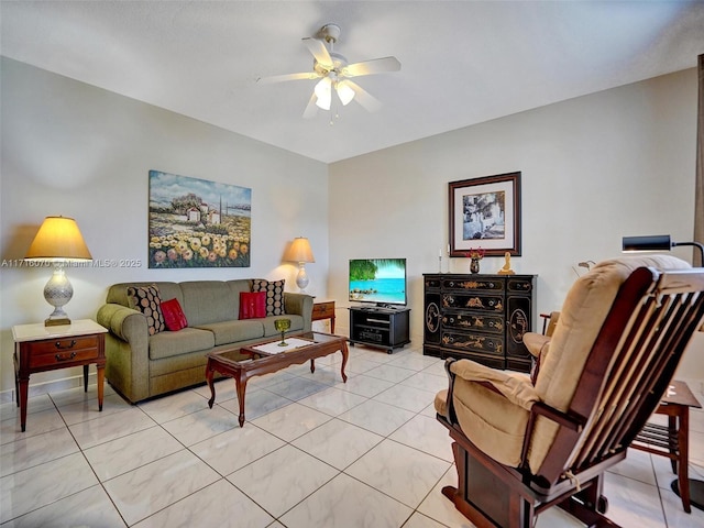 tiled living room featuring ceiling fan