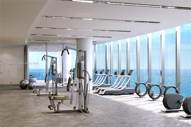 workout area with a water view, a healthy amount of sunlight, and floor to ceiling windows