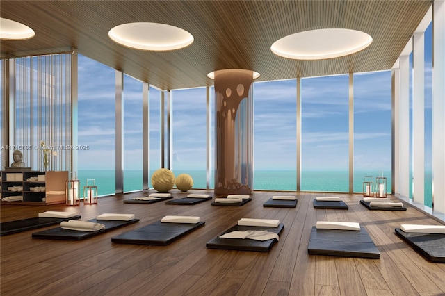 workout area with hardwood / wood-style flooring, a water view, and expansive windows