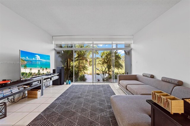 living room with tile patterned flooring