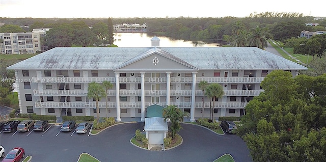 view of building exterior featuring a water view