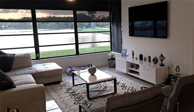 living room with tile patterned floors