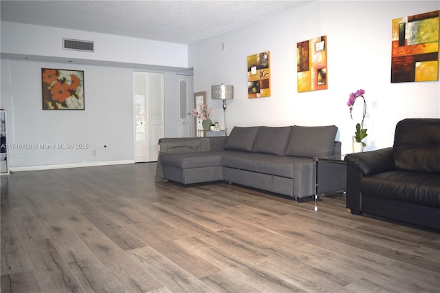 living room with wood-type flooring and a textured ceiling