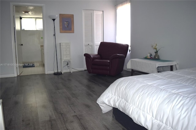 bedroom with a closet and dark hardwood / wood-style floors