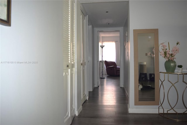 corridor with dark hardwood / wood-style flooring