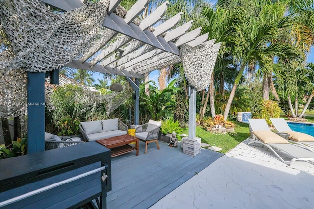 view of patio with a pergola, outdoor lounge area, and a pool side deck